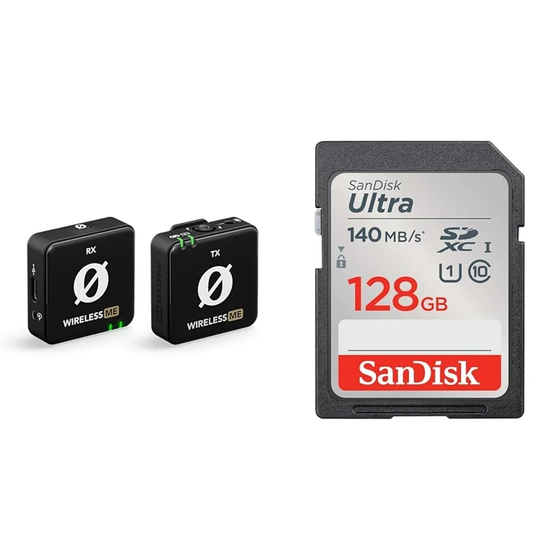 RØDE Wireless ME Ultra-compact Wireless Microphone System with Built-in Microphones & SanDisk 128GB Ultra SDXC card up to 140 MB/s with A1 App Performance UHS-I Class 10 U1