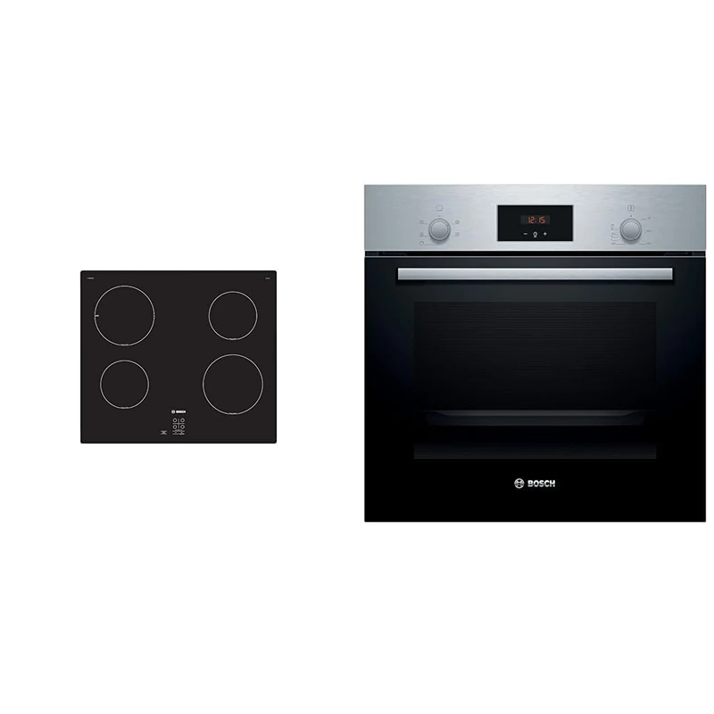 Bosch Home & Kitchen Appliances Bosch Serie 2 PUG61RAA5B Induction hob, 60 cm, Black & Serie 2 HHF113BR0B Stainless Steel Single Electric Oven with A Energy Efficiency, 66 Litre Capacity