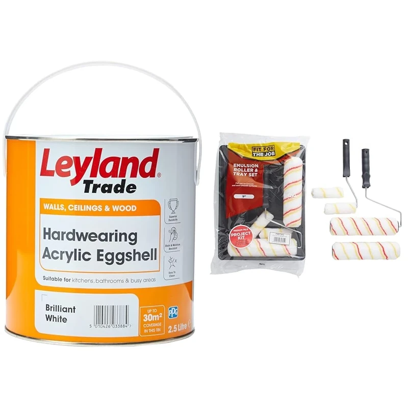 Leyland Trade Acrylic Eggshell Paint - Brilliant White 2.5L & Fit For The Job 7 piece Emulsion Paint Roller Set, 2x 9 inch & 2x Mini Paint Rollers