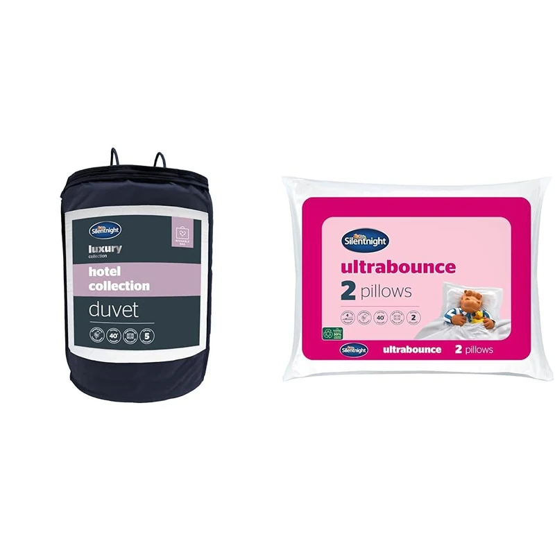 Silentnight Hotel Collection Super King Duvet – 10.5 Tog Luxury Duvet & Ultrabounce Pillows 2 Pack – Soft Medium Support Comfortable Bouncy Pillows for Stomach