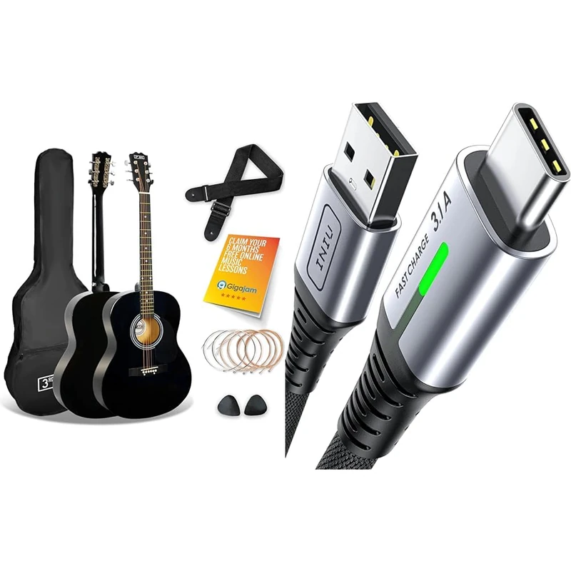 3rd Avenue Full Size 4/4 Acoustic Guitar Steel String Pack Bundle for Beginners & INIU USB C Charger Cable 2m 3.1A Type C Cable Fast Charging, Braided USB A to USB-C Phone Charger