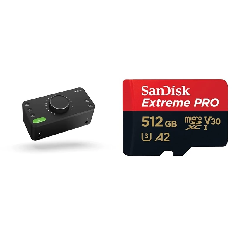 Audient EVO 4 USB Audio Interface sound card for music production (2 in / 2 out USB audio-interface & SanDisk 512GB Extreme PRO microSDXC card + RescuePro Deluxe, up to 200 MB/s