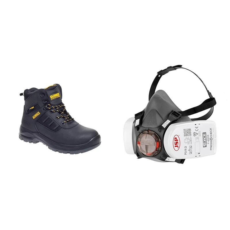 Dewalt Men's Douglas Waterproof Steel Toe Safety Boot Black UK9 (EU43) & JSP Force8 Half-Mask with PressToCheckP3 Dust Filters,Size medium,Conforms and Complies with safety