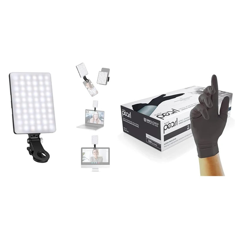 NEEWER Selfie Light with Front & Back Phone Clip, High Power 60 LED 2000mAh Rechargeable CRI 95+ & Unigloves Black Pearl Nitrile Examination Gloves - Multipurpose