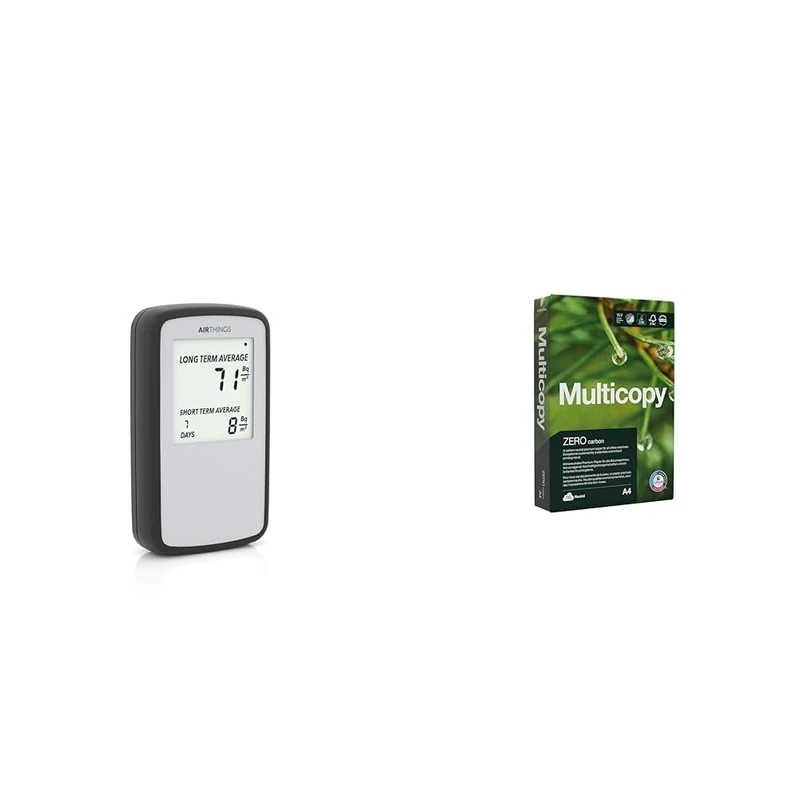Airthings Corentium Home Radon Detector - 224 Portable, Lightweight, Easy-to-Use, (3) AAA Battery Operated, Intl Version, Bq/m & Multicopy Zero A4 80gsm Printer Paper - 1 Ream (500 sheets)