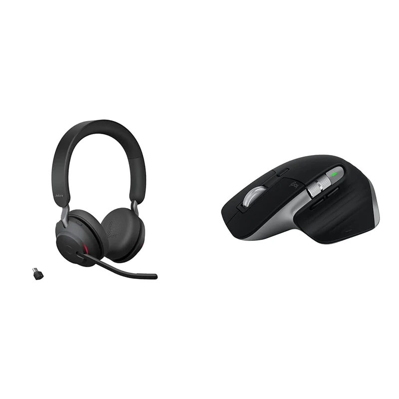 Jabra Evolve2 65 Wireless PC Headset – Noise Cancelling UC Certified Stereo Headphones & Logitech MX Master 3S for Mac - Wireless Bluetooth Mouse with Ultra-fast Scrolling, Ergo, 8K DPI