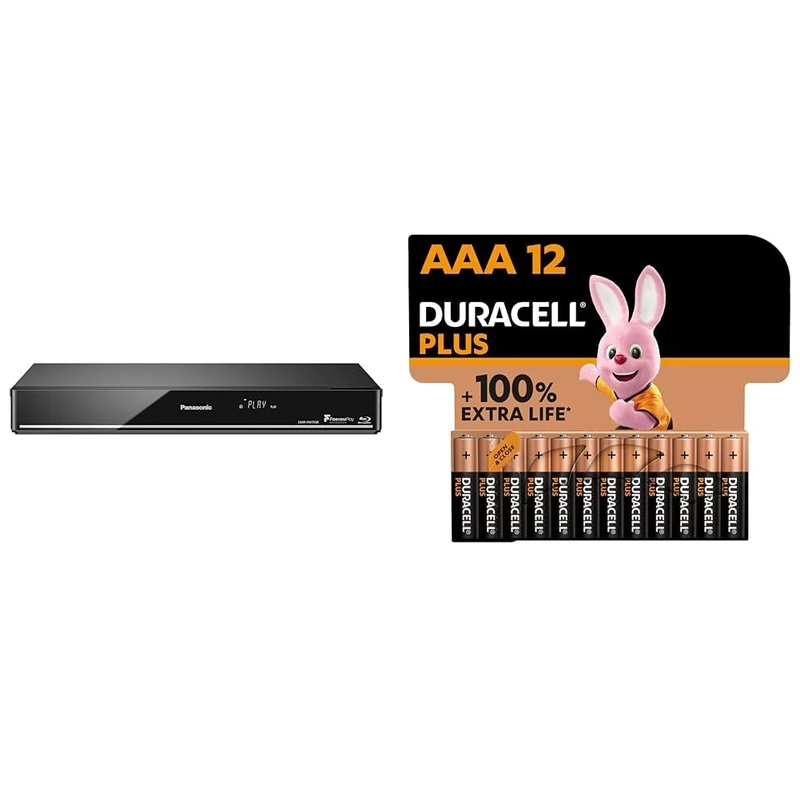 Panasonic DMR-PWT550EB Blu-Ray Player and HDD Recorder with Freeview Play, Black & Duracell Plus AAA Batteries (12 Pack) - Alkaline 1.5V - Up To 100% Extra Life
