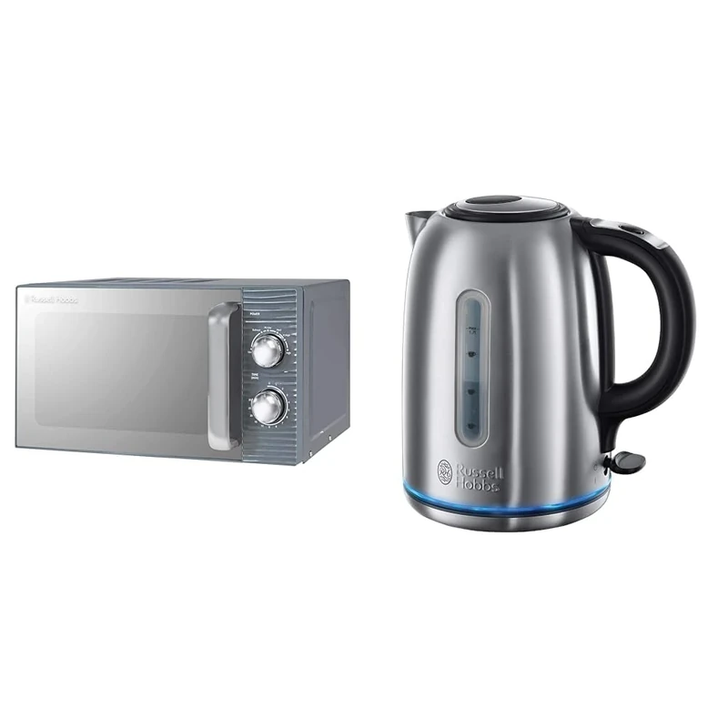 Russell Hobbs RHM1731G Inspire 17L 700w Grey Solo Manual Microwave with 5 Power Levels, Timer & Brushed Stainless Steel Electric 1.7L Cordless Kettle