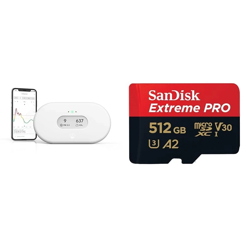Airthings 2960 View Plus - Radon and Air Quality Monitor with PM 2.5, CO2, VOC & SanDisk 512GB Extreme PRO microSDXC card + RescuePro Deluxe, up to 200 MB/s