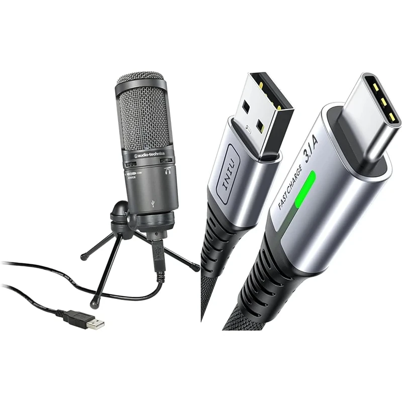 Audio-Technica 2020USB+ Cardioid Condenser Microphone (USB connection) Grey & INIU USB C Charger Cable 2m 3.1A Type C Cable Fast Charging, Braided USB A to USB-C Phone Charger