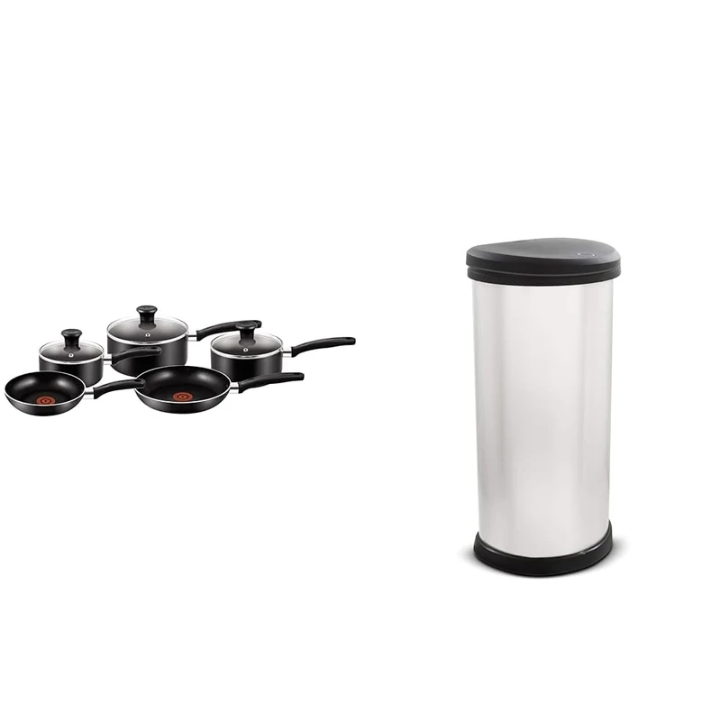 Tefal Essential, Aluminium Pots and Pans Set, 16 cm, 18 cm and 20 cm Saucepans with Lids & Curver Metal Effect 70% Recycled Kitchen One Touch Deco Bin, Silver, 40 Litre
