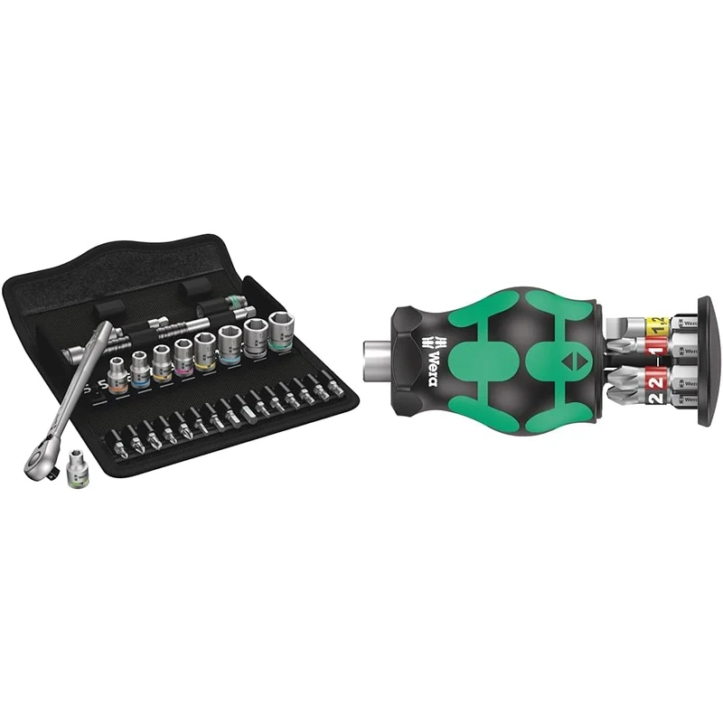 Wera 05004018001 8100 SA 8 Zyklop Metal Ratchet Set with Switch Lever, 1/4" Drive, Metric 28 Pieces & Kraftform Kompakt Stubby Magazine 2, 6 Pieces, 05008874001
