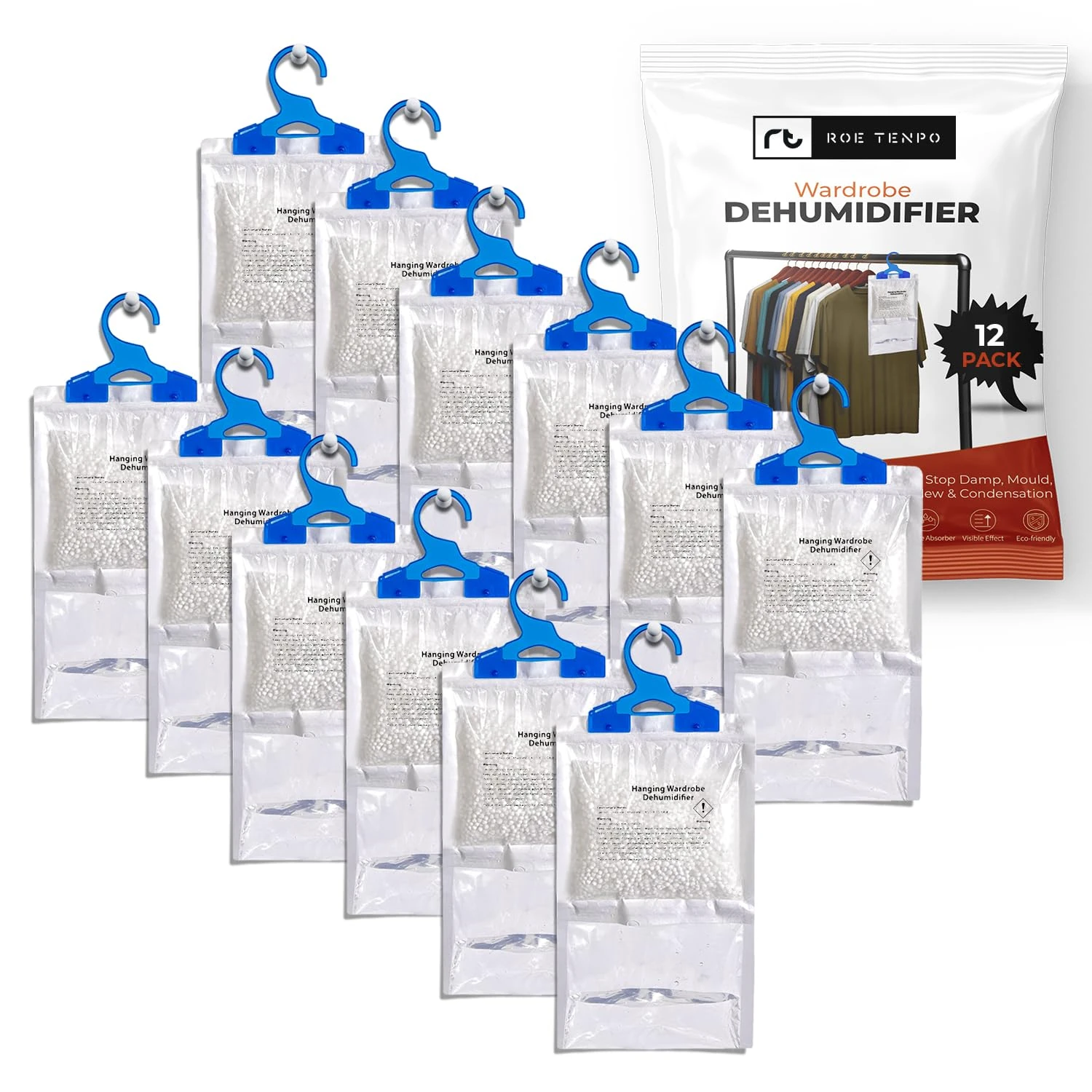 Roe Tenpo Wardrobe Dehumidifier Hanging Bags, Pack Of 12 Moisture Absorbers, Ideal to stop damp & condensation- For Wardrobe, Home, Kitchen, Garage, Bedroom, Caravan, Office, Basement etc