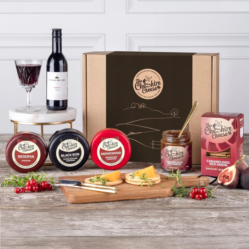 Cheese and Wine Feast Gift Box | Luxury Cheese, Wine, Chutney and Biscuits Gift Hamper | The Cheshire Cheese Company | Red Wine Hamper for Him or Her and Couples
