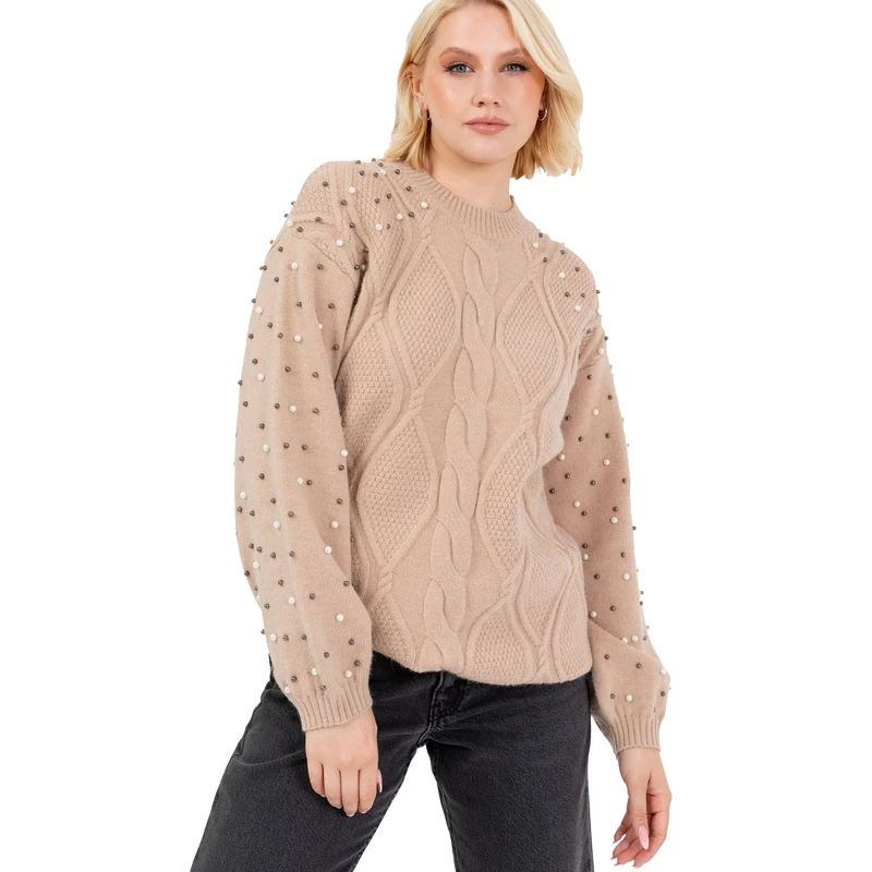 Lovedrobe Women's Cable Knit Jumper Ladies Crew Neck Sweater Long Balloon Sleeve Pearl Embellished Oversized Longline Knitwear, Camel 12-14