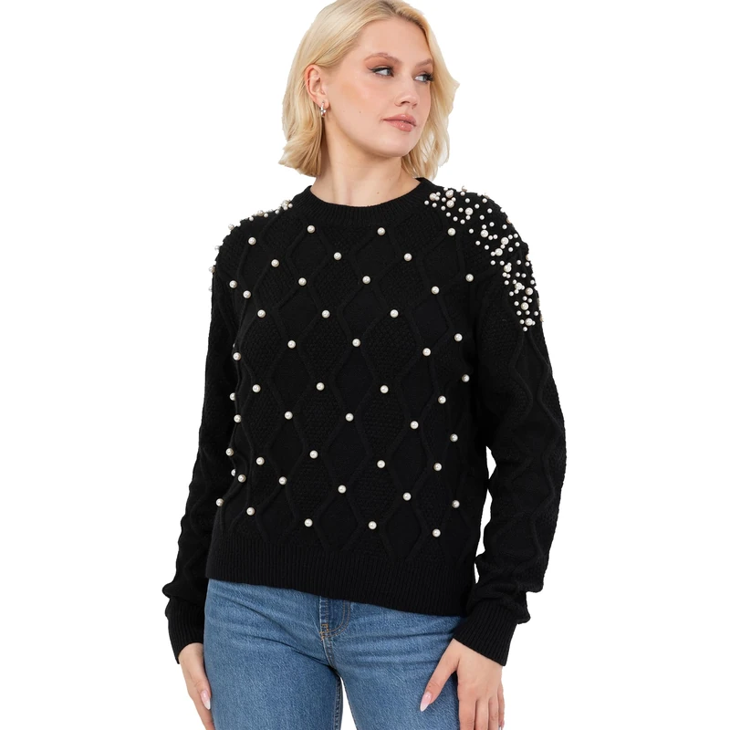 Lovedrobe Women's Crew Neck Jumper Ladies Cable Knit Long Sleeve Sweater Pearl Embellished Pullover Smart Casual Knitwear, Black 16-18, Black, 16-18