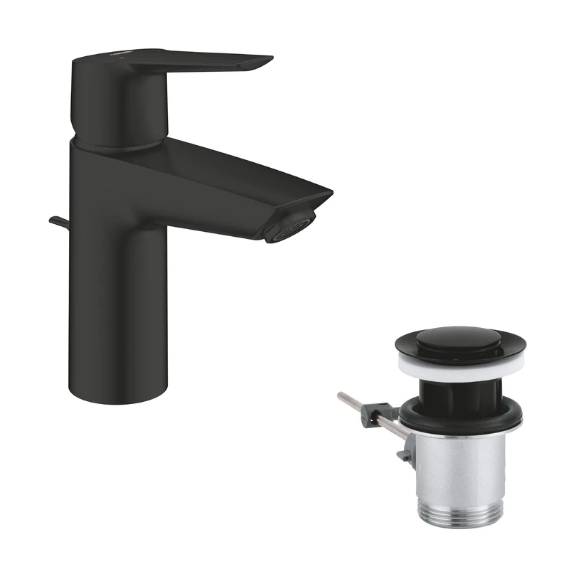 GROHE Start QuickFix - Basin Mixer Tap with Pop-Up Waste Set (S-Size 165 mm, 28 mm Ceramic Cartridge, Water Saving, Tails 3/8 Inch, Easy to Fit with GROHE QuickTool), Matt Black, 242092432