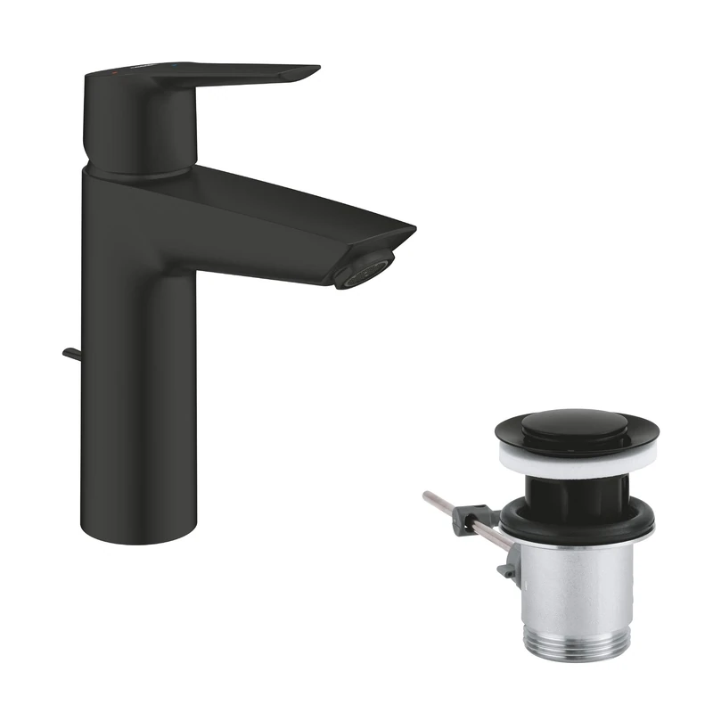 GROHE Start QuickFix - Basin Mixer Tap with Pop-Up Waste Set (M-Size 192mm, 28 mm Ceramic Cartridge, Water and Energy Saving, Tails 3/8 Inch, Easy to Fit with GROHE QuickTool), Matt Black, 235522432