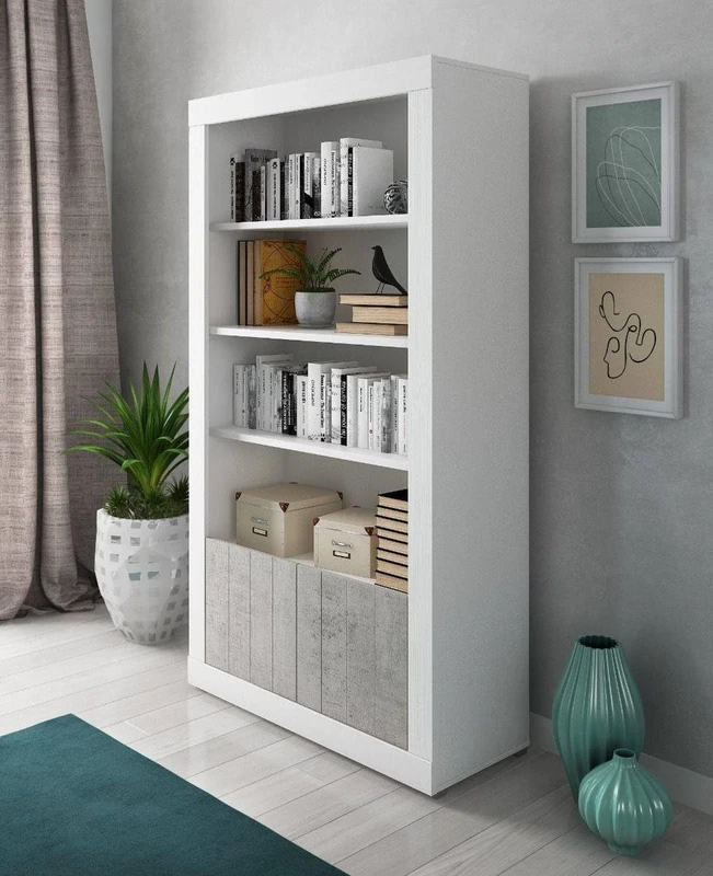 Dmora Camas Library with 4 Shelves and 2 Doors, Office Shelf for Books, Bookcase, 105 x 42 x 191 cm, White and Concrete