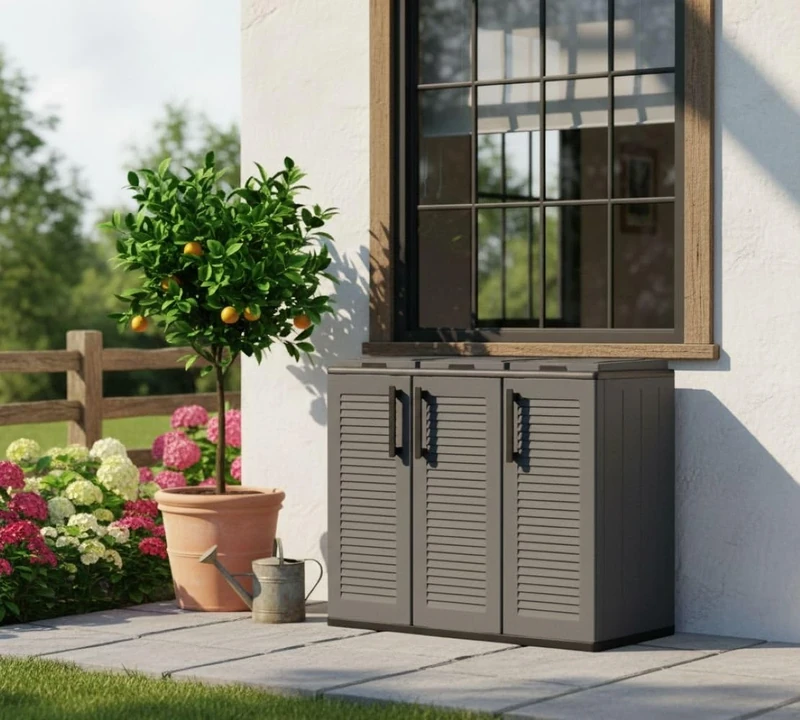 Dmora Aalst Rubbish Bin, Waste Bin, 3-Door Recycling Bin, 100% Made in Italy, 102 x 37 x H 84 cm, Grey and Black, Striped Finish