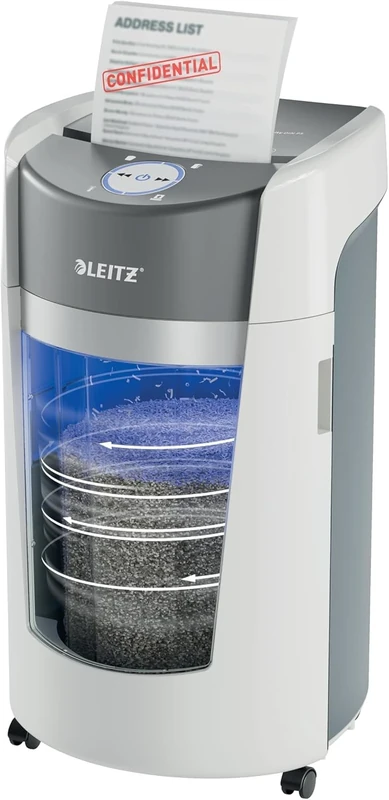 Leitz IQ OptiMax Office P5 Micro-Cut Paper Shredder, Shreds 12-10 Sheets (70-80 gsm), Unique Bin Rotation Technology, 33% More Bin Capacity, 35L Bin (550x A4), Ultra-Quiet Operation, White, 83601000