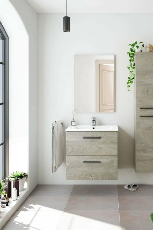 Dmora Fontana Bathroom Vanity Unit with 2 Drawers, Suspended Cabinet with Mirror, Basin Not Included, 60 x 45 x 57 cm, Oak