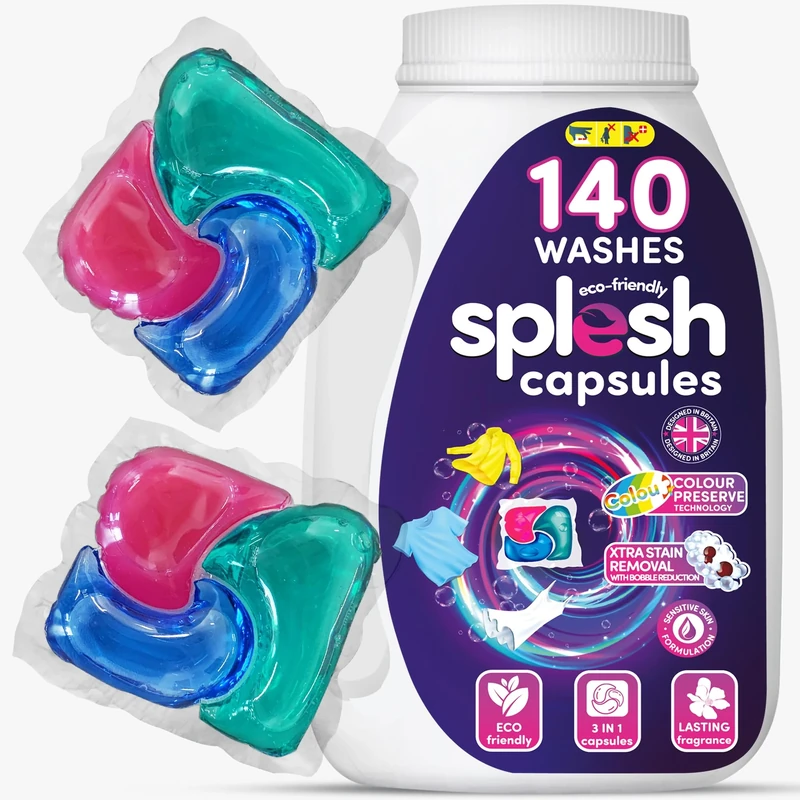 Splesh 3 in 1 Liquid Washing Pods, Laundry Detergent Capsules For Sensitive Skin – 140 Washes, Colour Preserve Technology, Xtra Stain Removal Laundry Pods With Integrated Fabric Softener