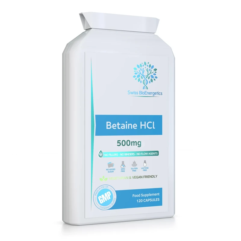 Betaine HCl 500mg per Capsule - 120 Vegan Capsules | High Strength Betaine Hydrochloride | No fillers, No Binders & No Flow Agents | Non-GMO, Gluten Free & SOYA Free | Made in The UK