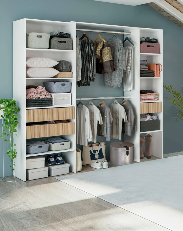 Dmora Worland Wardrobe, Bedroom Furniture, Coat Rack with Shelves and 3 Drawers, 196 x 40 x 187 cm, White and Oak