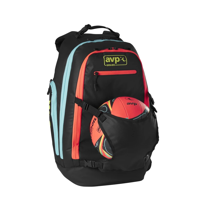 Wilson AVP Grass Volleyball Backpack, Features Quick Clips and Custom Compartments, All-Season Durability, Grass Proof, Colour: Black/Coral/Blue