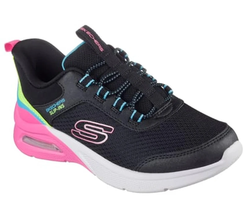 Skechers Girl's Microspec Max Color Trifecta Sneakers, Black Synthetic/Multi Trim, 4.5 UK Child