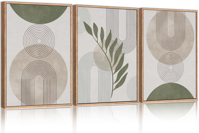 HPINUB Sage Green Boho Framed Canvas Wall Art Set, Minimalist Beige Green Botanical Wall Decor, Abstract Geometric Line Leaf Canvas Painting for Living Room, Bedroom, Dining Room, Office
