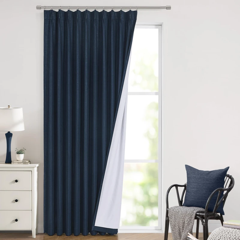 Vision Home Navy Blue Pinch Pleated Full Blackout Curtains Linen Blended Room Darkening Window Curtains 102 inch for Living Room Bedroom Thermal Insulated Pinch Pleat Drapes with Hooks 60" Wx102 Lx1