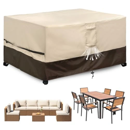 Garden Furniture Covers Waterproof, 200x160x75cm, 600D Heavy Duty Oxford Fabric, Waterproof Windproof Anti-UV Outdoor Furniture Cover, Rattan Table and Chair Set Cover, Beige&Brown Rectangular