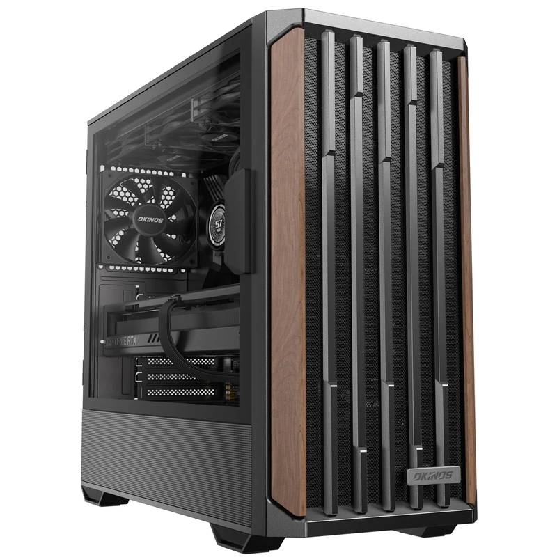 Okinos Genuine Walnut Wood PC Case, Support 360mm Radiator on Top, Pre-Installed 4 x 120mm PWM Fans ATX Case, Type-C Port, Magnetic Tempered Glass Side Panel, Black Computer Case, Cypress 7