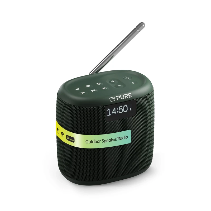 Pure Woodland Mini Outdoor Speaker with Bluetooth & DAB+/FM Radio (waterproof IP67, robust, portable, 17h battery, prerfect for garden & camping) Green