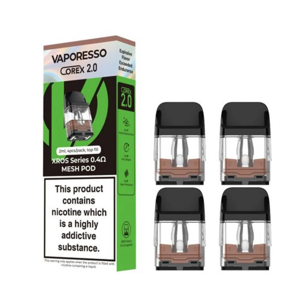 Vaporesso Xros Replacement Pods, 0.4 Ohm, Integrated Coils, Corex 2.0, Compatible with Xros3, Xros3 Mini, Xros4, Xros4 Mini, Xros5, Xros5Mini, Vaporesso Vaping Pods, Refillable, Pack of 4, No Nicotine