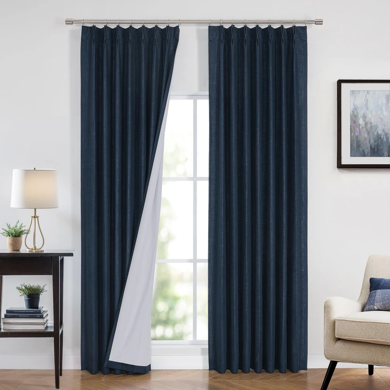 Vision Home Navy Blue Pinch Pleated Full Blackout Curtains Linen Blended Room Darkening Curtain Panels 120 inch for Living Room Bedroom Thermal Insulated Pinch Pleat Drapes with Hooks 40" Wx120 Lx2