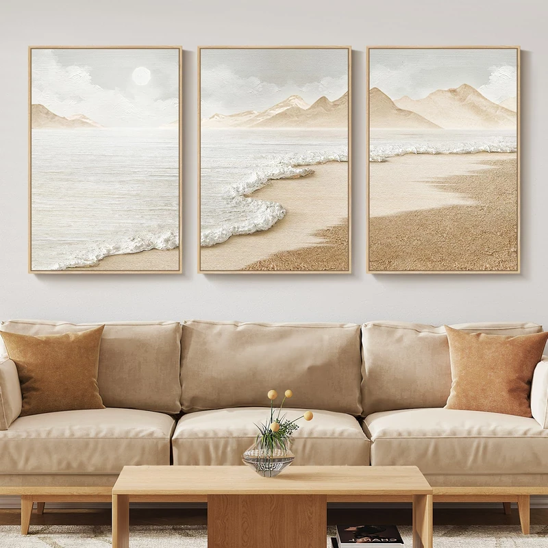 Boho Abstract Beach Wall Art for Living Room, Neutral Framed Canvas Prints Artwork for Walls, Set of 3 Piece Modern Minimalist Coastal Ocean Paintings, Pictures for Hallway, Office Wall Decor 24x36 In
