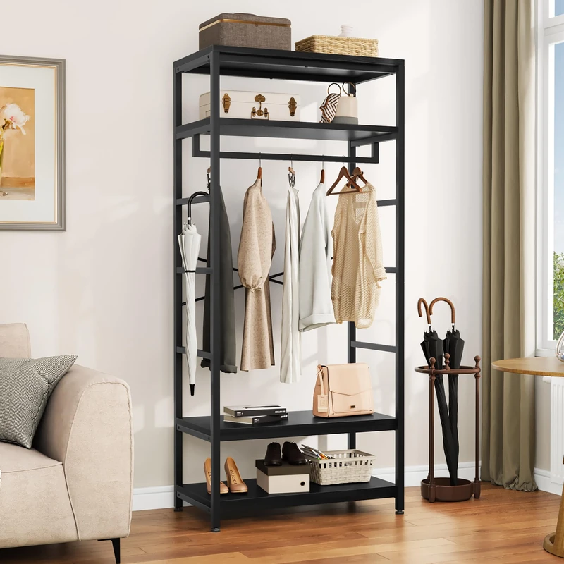 YITAHOME Coat Rack Stand with Shoe Storage, Floorstanding Hall Tree with 2 Shelves Industrial Clothes Rail Garment Rack Clothing Storage Shelving Unit for Entryway Hallway Bedroom Living Room, Black