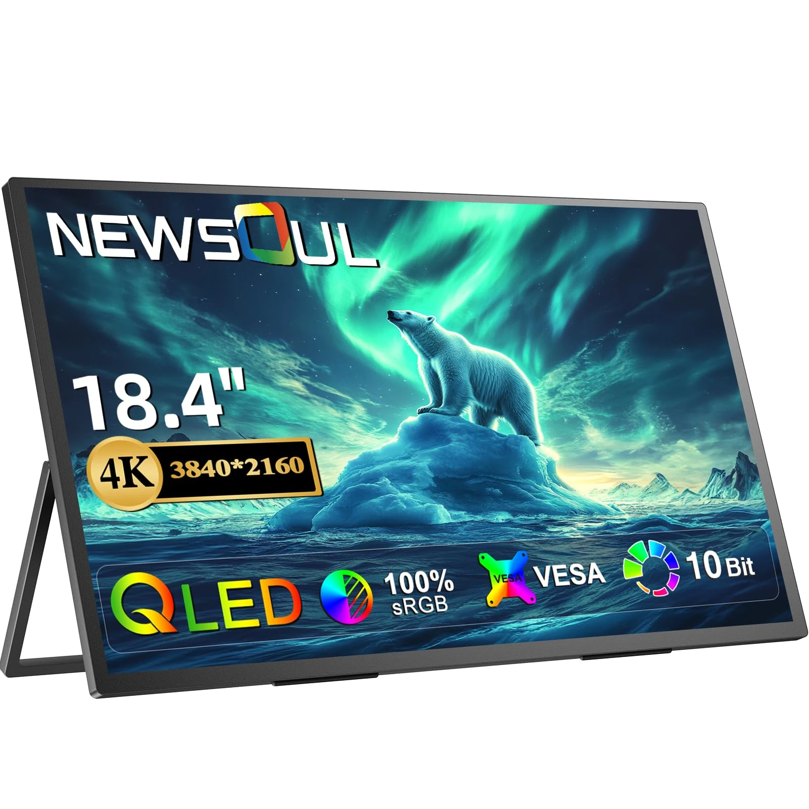 Newsoul Portable Monitor QLED 18.4 Inch 4K UHD 1500:1 Matte Screen, Aluminium Shell, Narrow Bezel Design with VESA Hole, Mini HDMI and USB-C Ports, Larger Second Screen for Laptop/Phone/Gaming