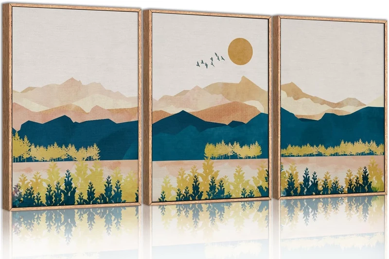 HPINUB Mountain Framed Canvas Wall Art Set, Mid Century Modern Wall Decor, Set of 3 Boho Artwork Nature Art Paintings, Bohemian Art Prints for Living Room, Bedroom, Dining Room, Office-24"x36"x3