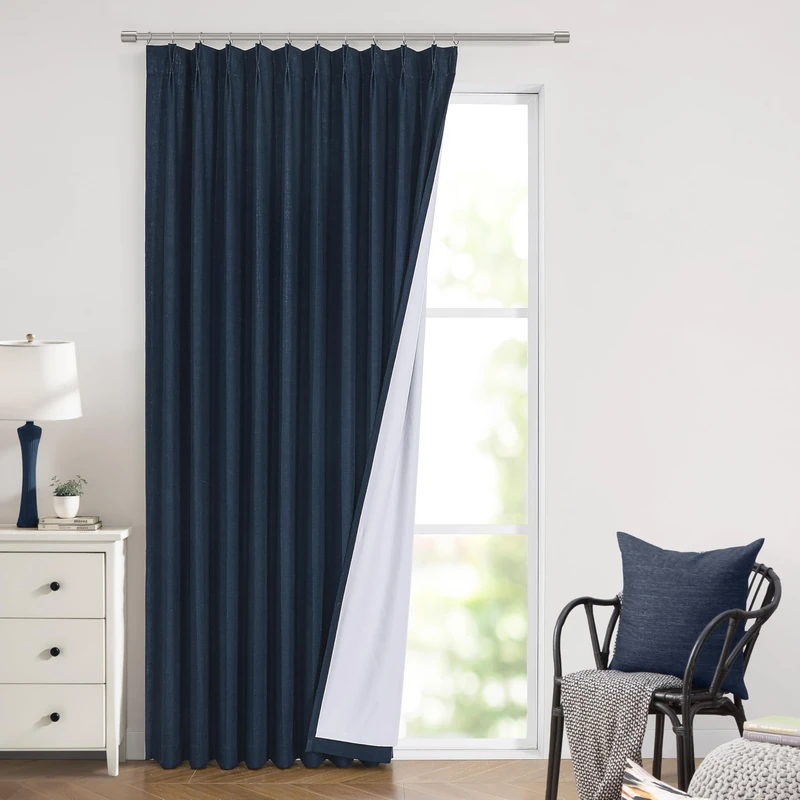 Vision Home Navy Blue Pinch Pleated Full Blackout Curtains Linen Blended Room Darkening Window Panels 84 inch for Living Room Bedroom Thermal Insulated Pinch Pleat Drapes with Hooks 60" Wx84 Lx1