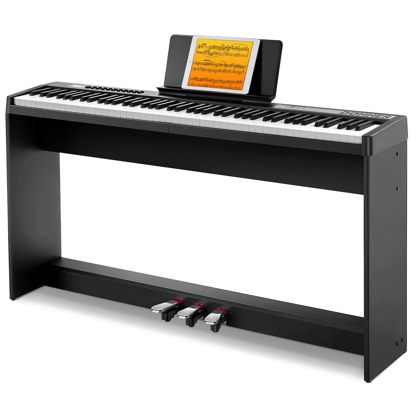 Donner Digital Piano Keyboard Velocity-Sensitive 88 Keys with Removable Piano Stand, Compact Beginner Home Electric Piano with Split Mode, LED Digital Tube for Display, and Triple Pedal DEP-08