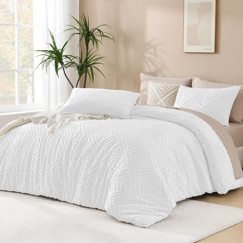 Andency White Oversized King Comforter 120"x98", 3 Pieces White Boho Bedding Set & Collections, Farmhouse Tufted Fluffy Bed Set (1 Comforter, 2 Pillowcases)