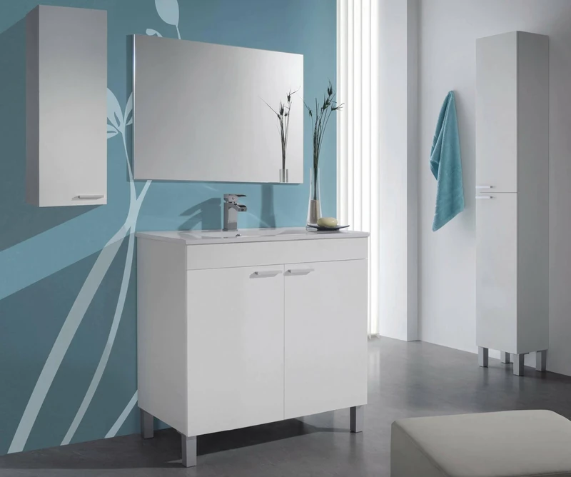Dmora Vanity Unit Augusta, Bathroom Cabinet with 2 Doors, Floor Cabinet with Mirror, 80 x 45 x H 80 cm, White - Image 1