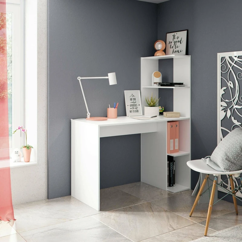 Dmora Pittston Desk, Linear Desk with Bookcase, Multipurpose Office Table Space-Saving, 110 x 52 x 136 cm, White