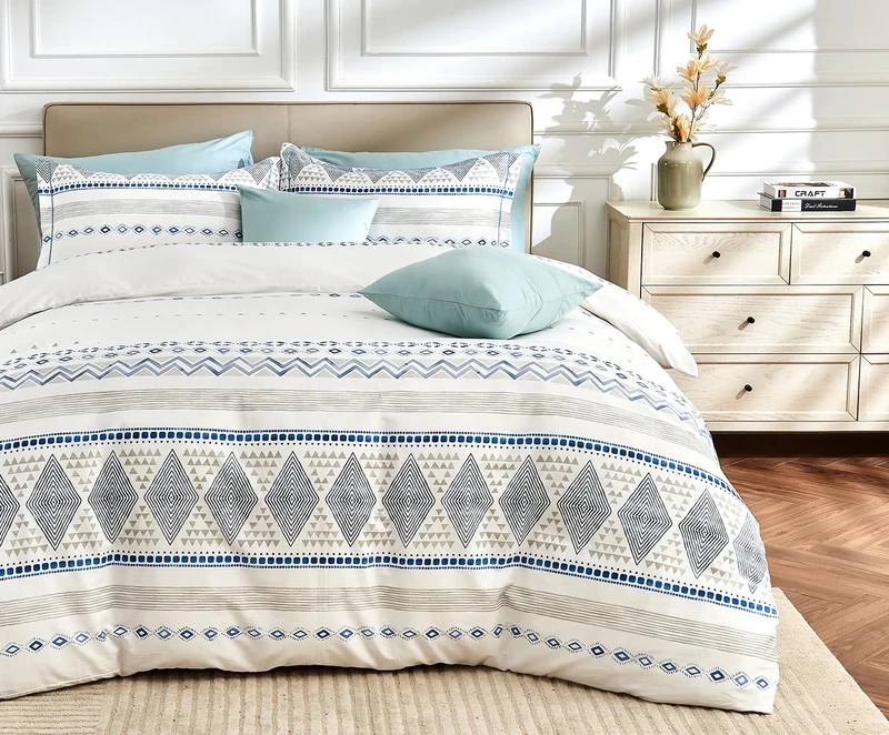 SLEEPBELLA Boho King Size Duvet Cover Set - Cotton Reversible Blue/White with Button Closure & Soft, Breathable Fabric