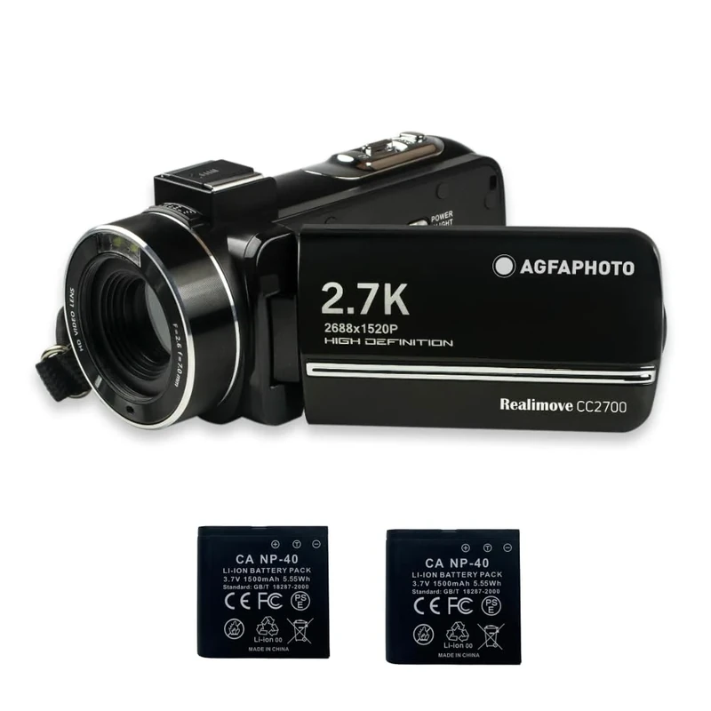 AgfaPhoto Realimove CC2700 Camcorder - 2.7K Video, 24MP Photos, 3.0 Inch IPS Touch Screen, 18X Digital Zoom, LED Light, Remote Control, 2 x Lithium Batteries