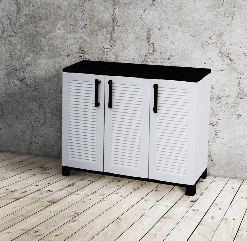 Dmora Pelt Exterior, Multi-Purpose Balcony Cabinet, Outdoor Furniture 3 Doors, 100% Made in Italy, 102 x 37 x H 90 cm, Light Grey, Striped Finish, Light Grey, Black